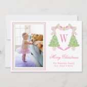 ピンク&グリーンクリスマスツリーモノグラムクレストフォト シーズンカード (正面)