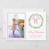 ピンク&グリーンクリスマスボウリースモノグラム写真 シーズンカード (正面)