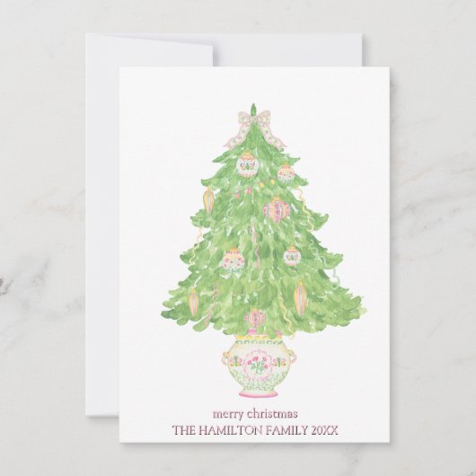 ピンク&グリーンコケットのバウ名門私立校風のクリスマス シーズンカード (正面)