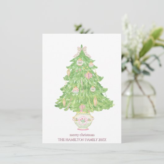 ピンク&グリーンコケットのバウ名門私立校風のクリスマス シーズンカード (スタンド正面)