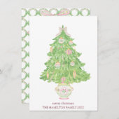ピンク&グリーンコケットのバウ名門私立校風のクリスマス シーズンカード (正面/裏面)