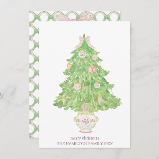 ピンク&グリーンコケットのバウ名門私立校風のクリスマス シーズンカード (正面/裏面)