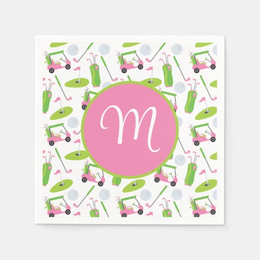 ピンク&グリーンゴルパーソナライズされたフモノグラムの スタンダードカクテルナプキン (正面)