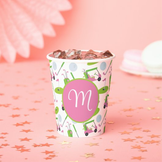 ピンク&グリーンゴルパーソナライズされたフモノグラムの 紙コップ (インサイチュ)