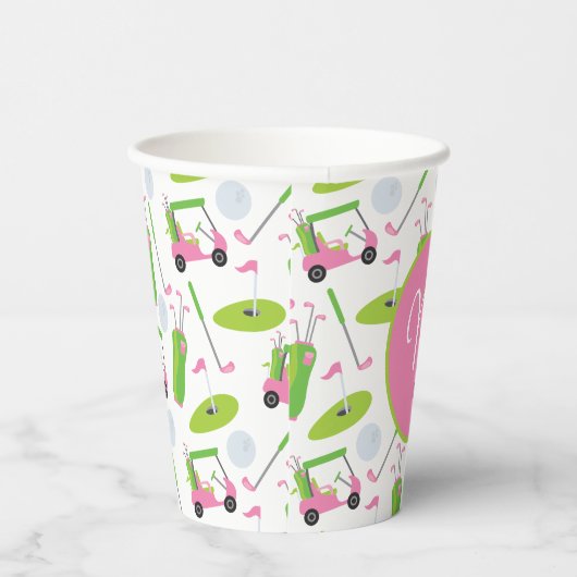 ピンク&グリーンゴルパーソナライズされたフモノグラムの 紙コップ (右)