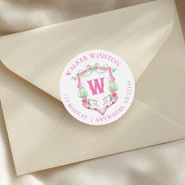 ピンク&グリーンゴルフカートのモノグラムクレストアドレス ラウンドシール