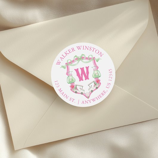 ピンク&グリーンゴルフカートのモノグラムクレストアドレス ラウンドシール
