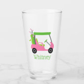 ピンク&グリーンゴルフカートパーソナライズされたガラスタンプラー タンブラーグラス (正面)