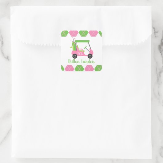 ピンク&グリーンゴルフシールパーソナライズされたカー スクエアシール (バッグ)