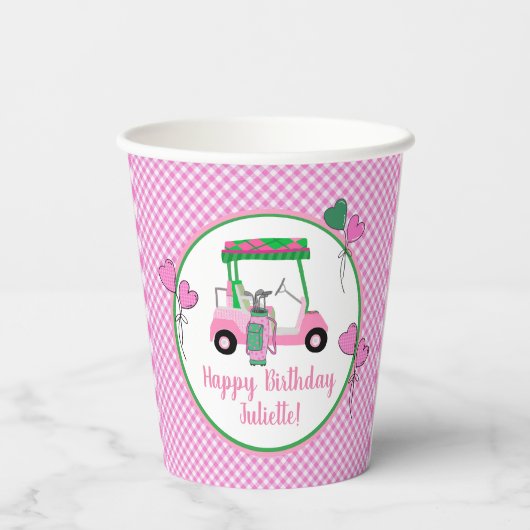 ピンク&グリーンゴルフテーマパーソナライズされたパーティー 紙コップ (裏面)