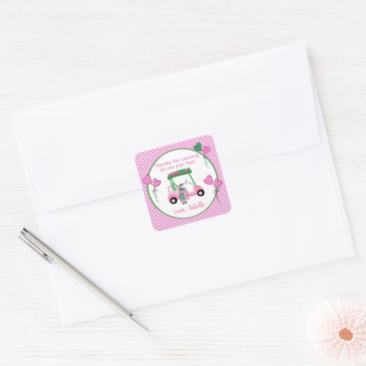 ピンク&グリーンゴルフテーマ誕生日パーティー スクエアシール (封筒)