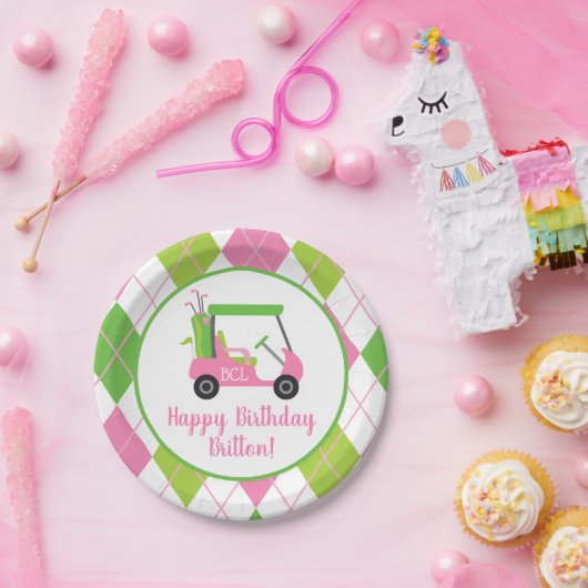 ピンク&グリーンゴルフパーソナライズされたパーティープレート ペーパープレート (パーティー)