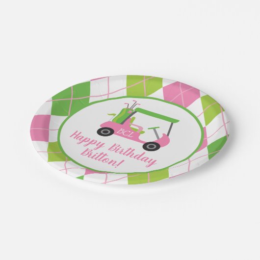 ピンク&グリーンゴルフパーソナライズされたパーティープレート ペーパープレート (アングル)