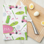 ピンク&グリーンゴルフパーソナライズされた キッチンタオル (四つ折り)