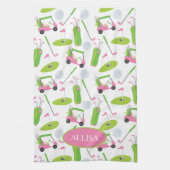ピンク&グリーンゴルフパーソナライズされた キッチンタオル (縦)