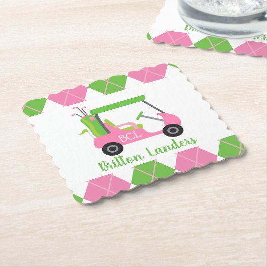ピンク&グリーンゴルフモノグラムの紙コースター ペーパーコースター (アングル)