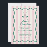 ピンク グリーンゴルフ30th誕生日パーティー 招待状<br><div class="desc">お客頼様はゴルフコースのバースデーパーティーでピッエレガントクレボールパーティの招待状。軽いピンクの背ストライプの景、湾曲した波状の緑色のフレーム、2つのゴルフクラブとゴルフボールのイラストレーションを備えている。カードの背面には、対照的な明るい緑色の背景がストライプのある。</div>