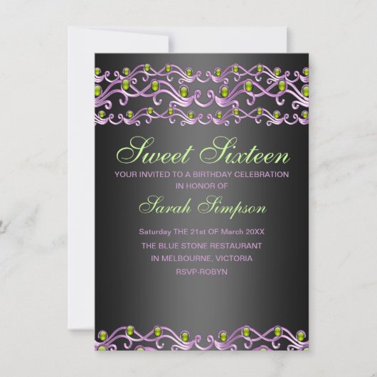 ピンク/グリーンジュエルスワールスウィート16誕生日招待状 招待状 (正面)