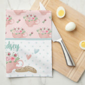ピンク&グリーンティーとカップケーキパーソナライズされた キッチンタオル (四つ折り)