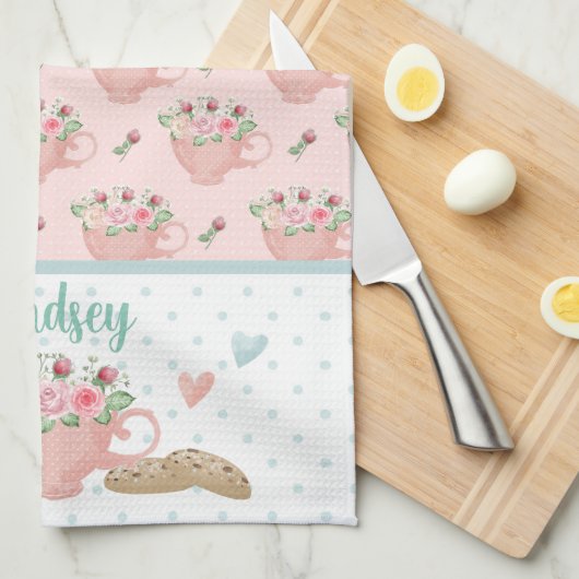 ピンク&グリーンティーとカップケーキパーソナライズされた キッチンタオル (四つ折り)