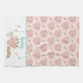 ピンク&グリーンティーとカップケーキパーソナライズされた キッチンタオル (横)