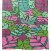 ピンク&グリーントロピカル葉プリント シャワーカーテン (正面)