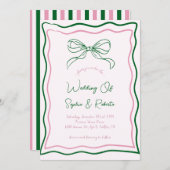 ピンク&グリーンハンドドローレトロボーフランスの結婚ズ 招待状 (正面/裏面)