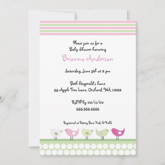 ピンク&グリーンバーズベビーシャワー招待状 招待状 (正面)