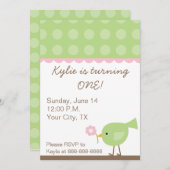 ピンク+グリーンバーディパーティの招待状 招待状 (正面/裏面)