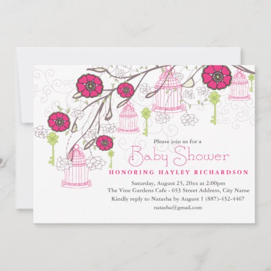 ピンク&グリーンバードケージベビーシャワー招待状 招待状 (正面)