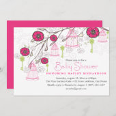 ピンク&グリーンバードケージベビーシャワー招待状 招待状 (正面/裏面)