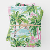 ピンク&グリーンパームツリーラッピング紙シート(セット) ラッピングペーパーシート (インサイチュ)