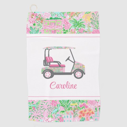 ピンク&グリーンパームビーチゴルフカートパーソナライズされた ゴルフタオル (正面)