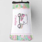 ピンク&グリーンパームビーチゴルフカートパーソナライズされた ゴルフヘッドカバー (回転90)