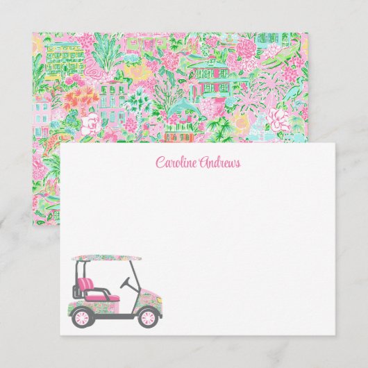 ピンク&グリーンパームビーチゴルフカートパーソナライズされた サンキューカード (正面/裏面)