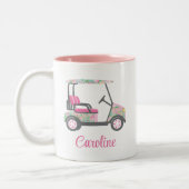 ピンク&グリーンパームビーチゴルフカートパーソナライズされた ツートーンマグカップ (左)