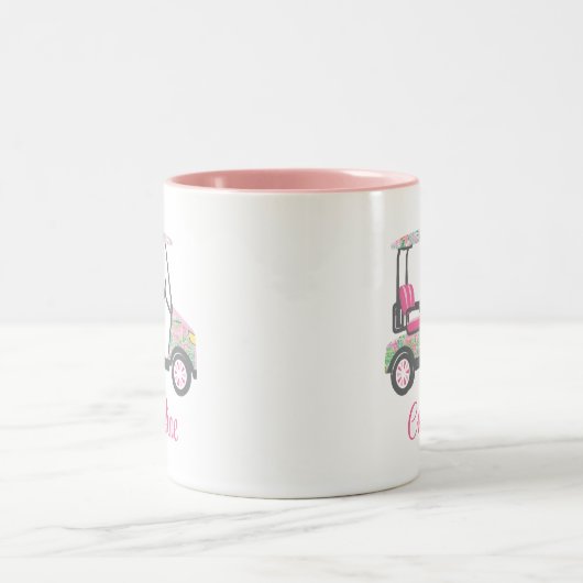 ピンク&グリーンパームビーチゴルフカートパーソナライズされた ツートーンマグカップ (中央)