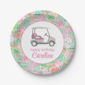 ピンク&グリーンパームビーチゴルフカートパーソナライズされた ペーパープレート (正面)