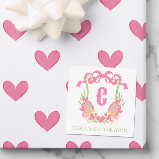 ピンク&グリーンピックボールパドルモノグラムクレストギフト ノートカード