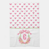 ピンク&グリーンピックボールパドルモノグラムクレスト キッチンタオル (縦)