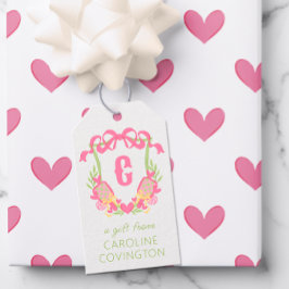 ピンク&グリーンピックボールパドルモノグラムクレスト ギフトタグ