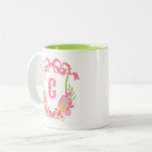 ピンク&グリーンピックボールパドルモノグラムクレスト ツートーンマグカップ (正面左)