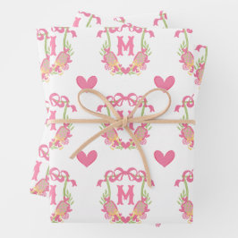 ピンク&グリーンピックボールパドルモノグラムクレスト ラッピングペーパーシート