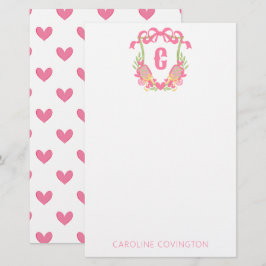 ピンク&グリーンピックボールパドルモノグラムクレスト 便箋