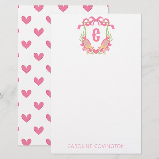 ピンク&グリーンピックボールパドルモノグラムクレスト 便箋 (正面/裏面)