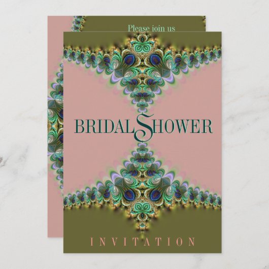 ピンク&グリーンピーコックレースブライダルシャワー招待状 招待状 (正面/裏面)