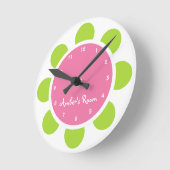 ピンク&グリーンフラワーキッドベッドルーム ラウンド壁時計 (傾斜)