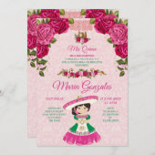 ピンク&グリーンフローラバラフィエスタメキシカンミンス 招待状 (正面/裏面)