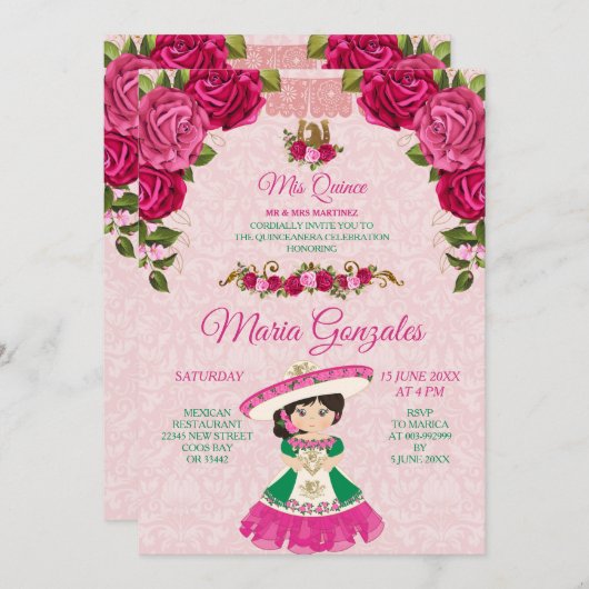ピンク&グリーンフローラバラフィエスタメキシカンミンス 招待状 (正面/裏面)