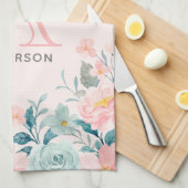 ピンク&グリーンフローラ縁どモノグラム キッチンタオル (四つ折り)